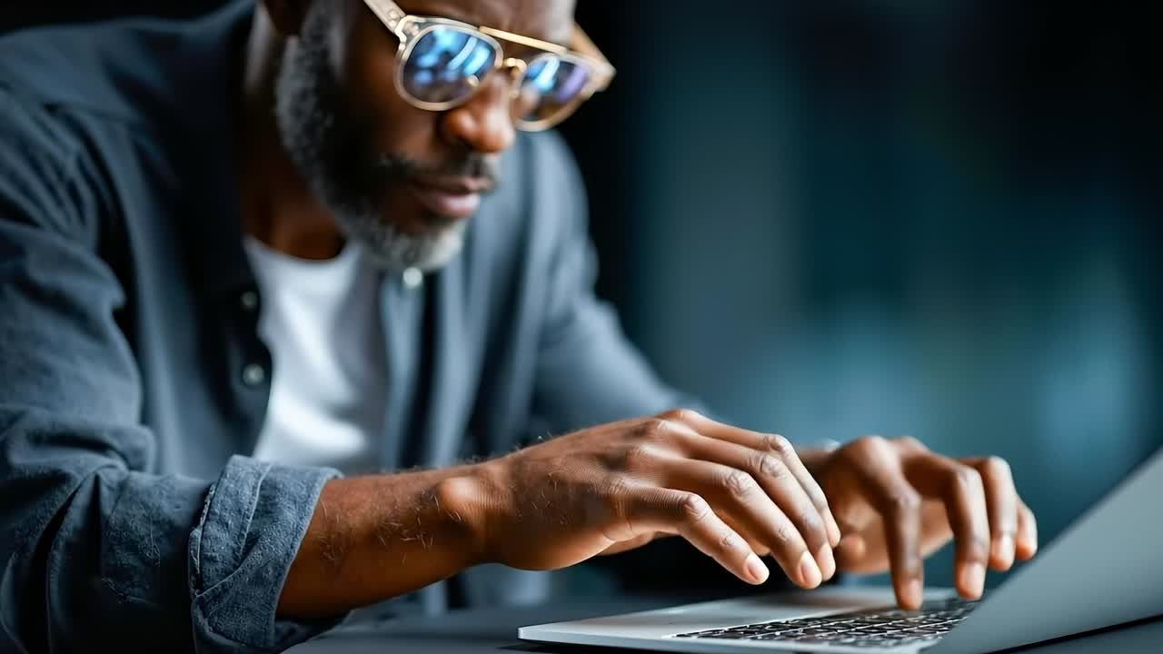 A man wearing sunglasses using a laptop computer