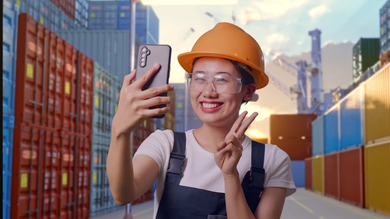 Close Up Of Asian Woman Worker Wearing Goggles And Safety Helmet Using Smartphone Taking Picture While Standing At Container Yard Warehouse