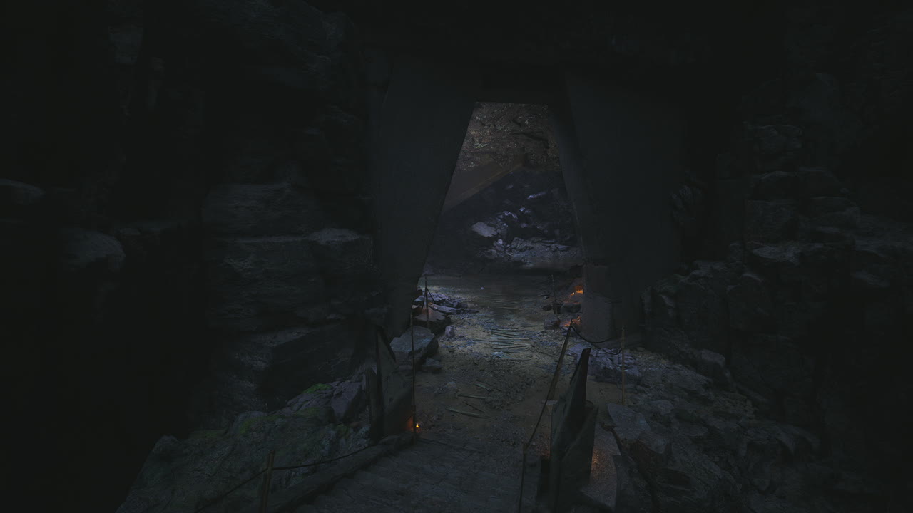 Mysterious cave pathway illuminated by faint light during evening hours