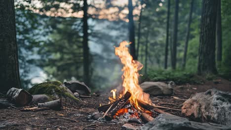 campfire burning brightly in the forest, providing warmth and light as the sun sets, creating a cozy and inviting atmosphere amidst nature's beauty