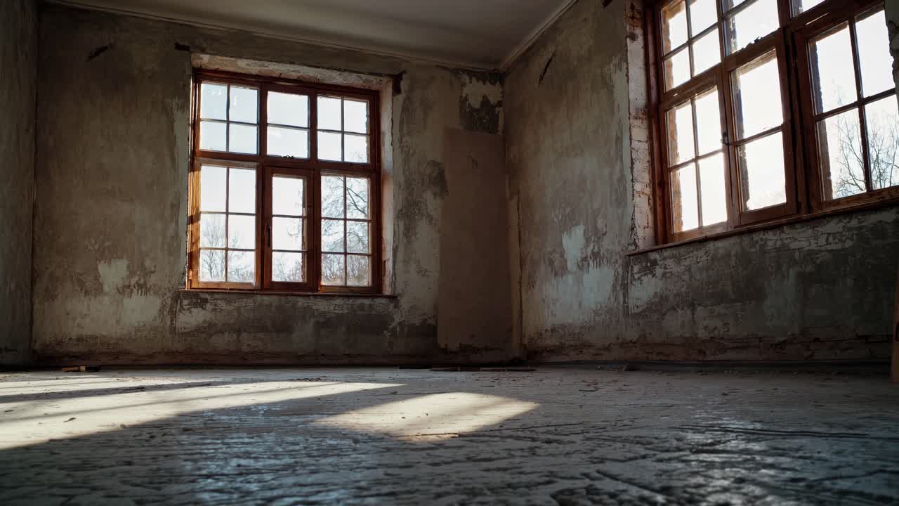 Sunlight streams through dusty windows in an abandoned room, captured from a low angle