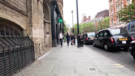 pedestrians and vehicles on a bustling street