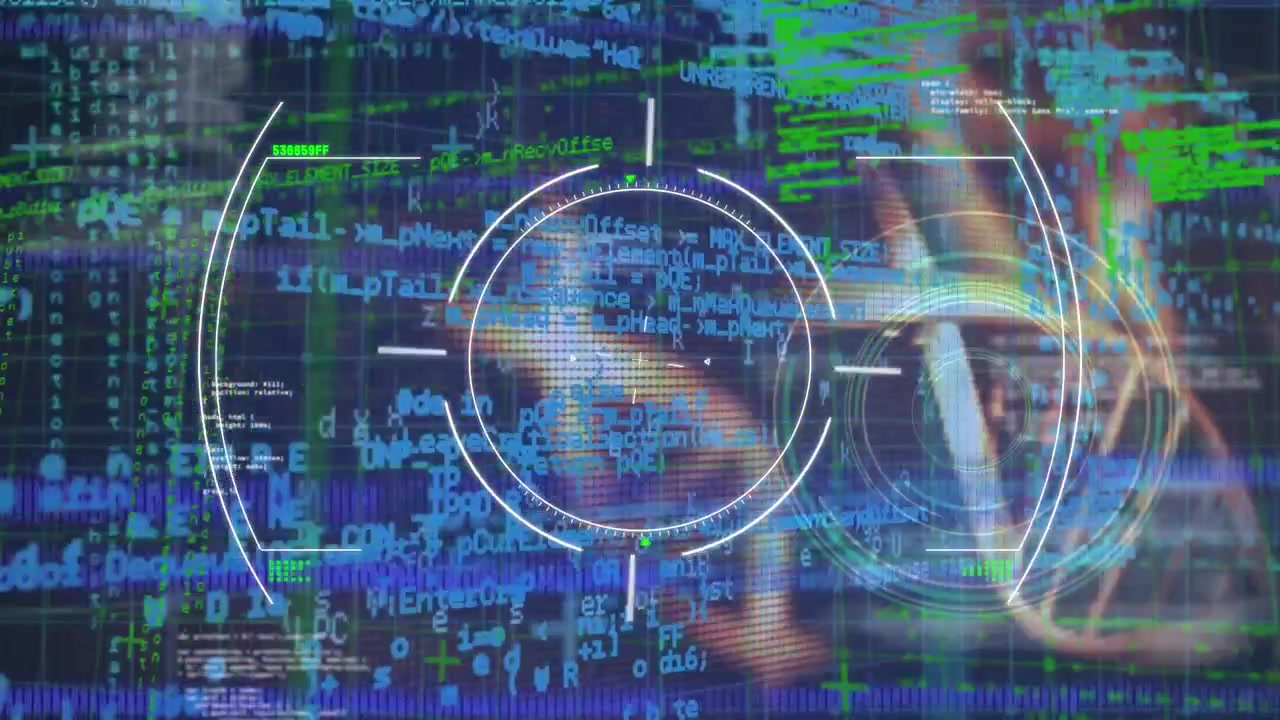 Animation of scope scanning over spinning dna structure and data processing on grey background