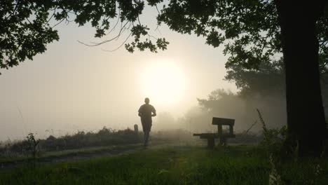 person walking/running in misty morning landscape at sunrise
