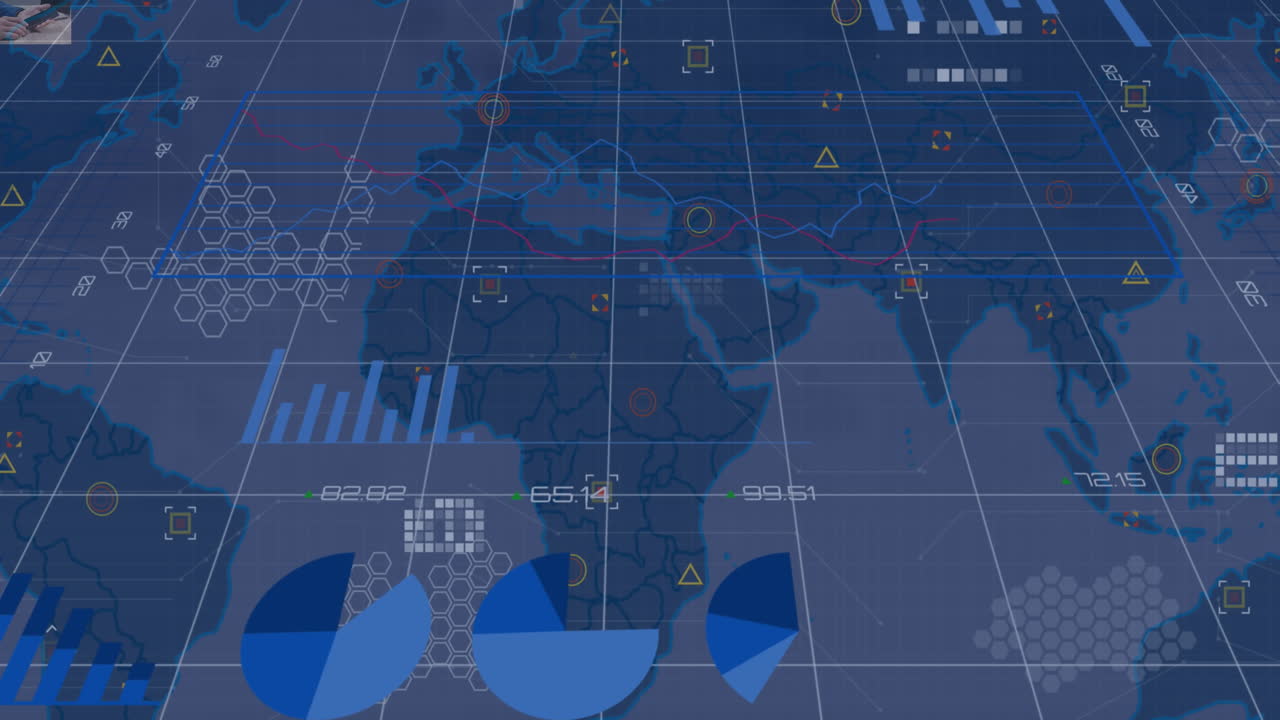 Animation of financial data processing over grid and world map