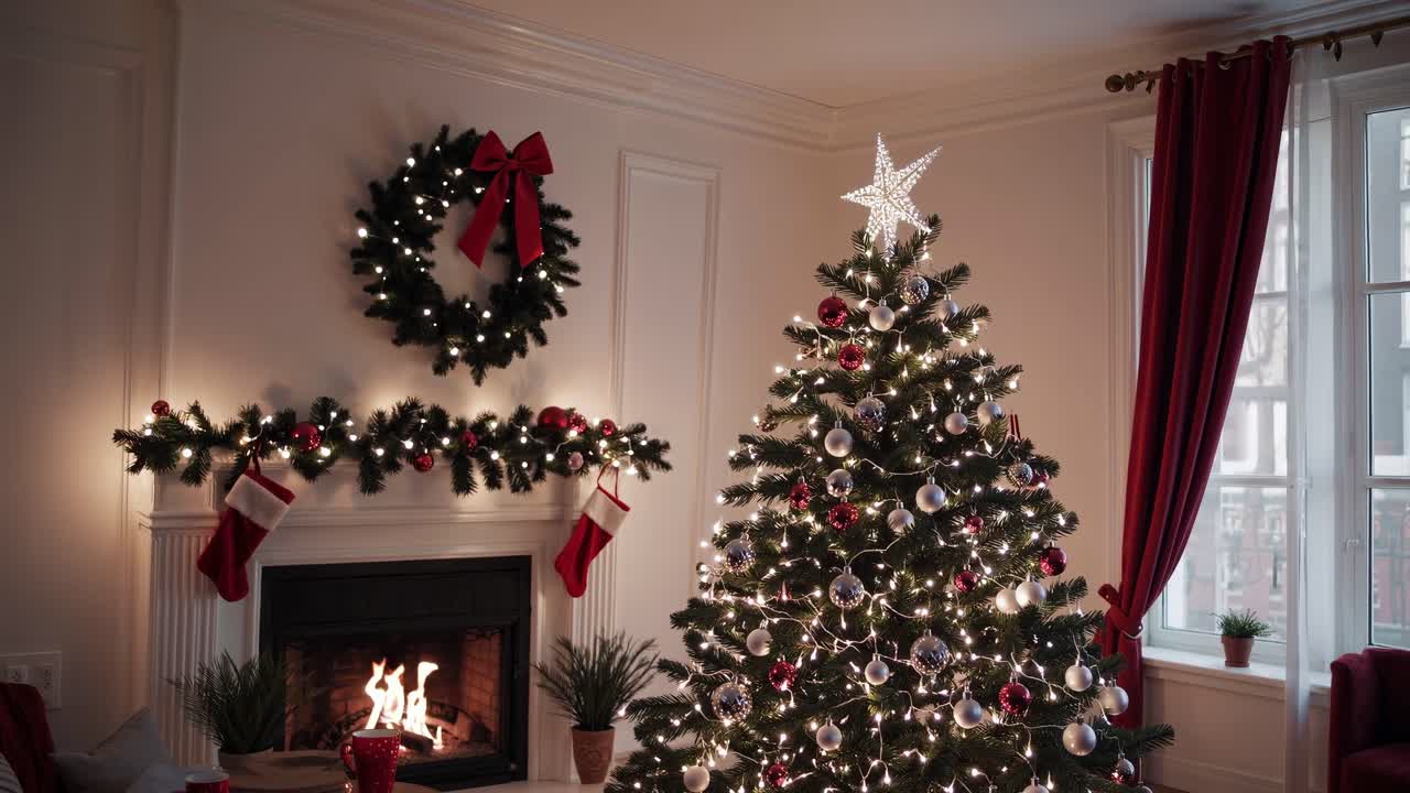 Cozy Christmas living room with a decorated tree and fireplace