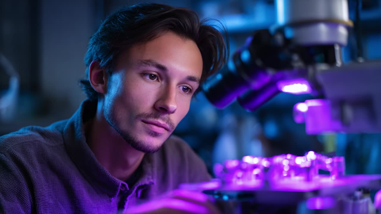 A focused individual conducts meticulous observations under a microscope in a dimly lit laboratory setting, where illuminating hues of purple highlight intricate details of specimens, showcasing dedicated scientific exploration