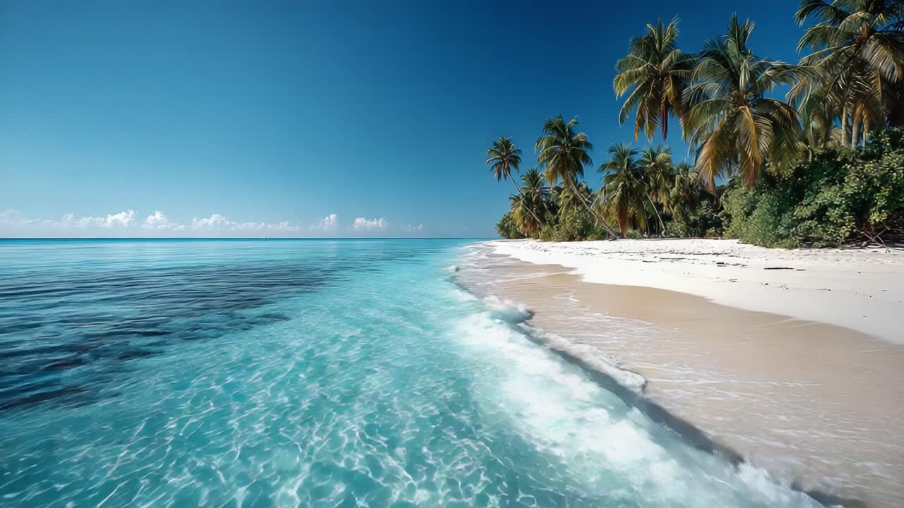 Serene Tropical Beach Scene with Crystal Clear Water and Lush Palm Trees, Perfect for Relaxation and Escaping into Nature's Beauty