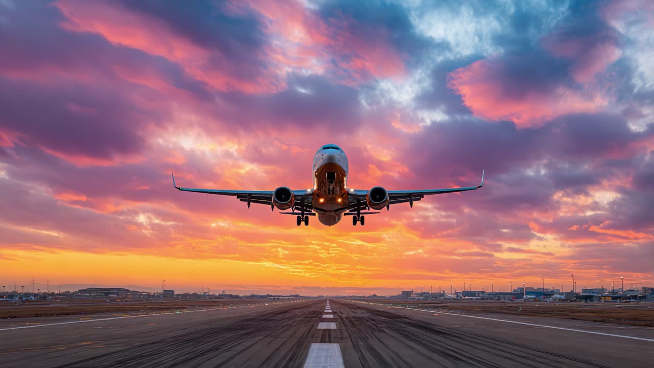 Uno Splendido Decollo Aereo al Tramonto: Paesaggio Celeste Mozzafiato e Nuvole Vibranti Incorniciano un Bellissimo Momento di Volo, Catturando l'Essenza del Viaggio e dell'Avventura