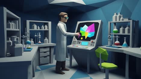 A Scientist Analyzing Data in a Modern Laboratory Setting with Colorful Graphical Display and Scientific Equipment Surrounding Him in a 3D Animated Environment