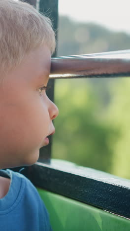 surprised little boy enjoys picturesque landscape sitting in poma lift cabin at highland resort on nice summer day extreme close view