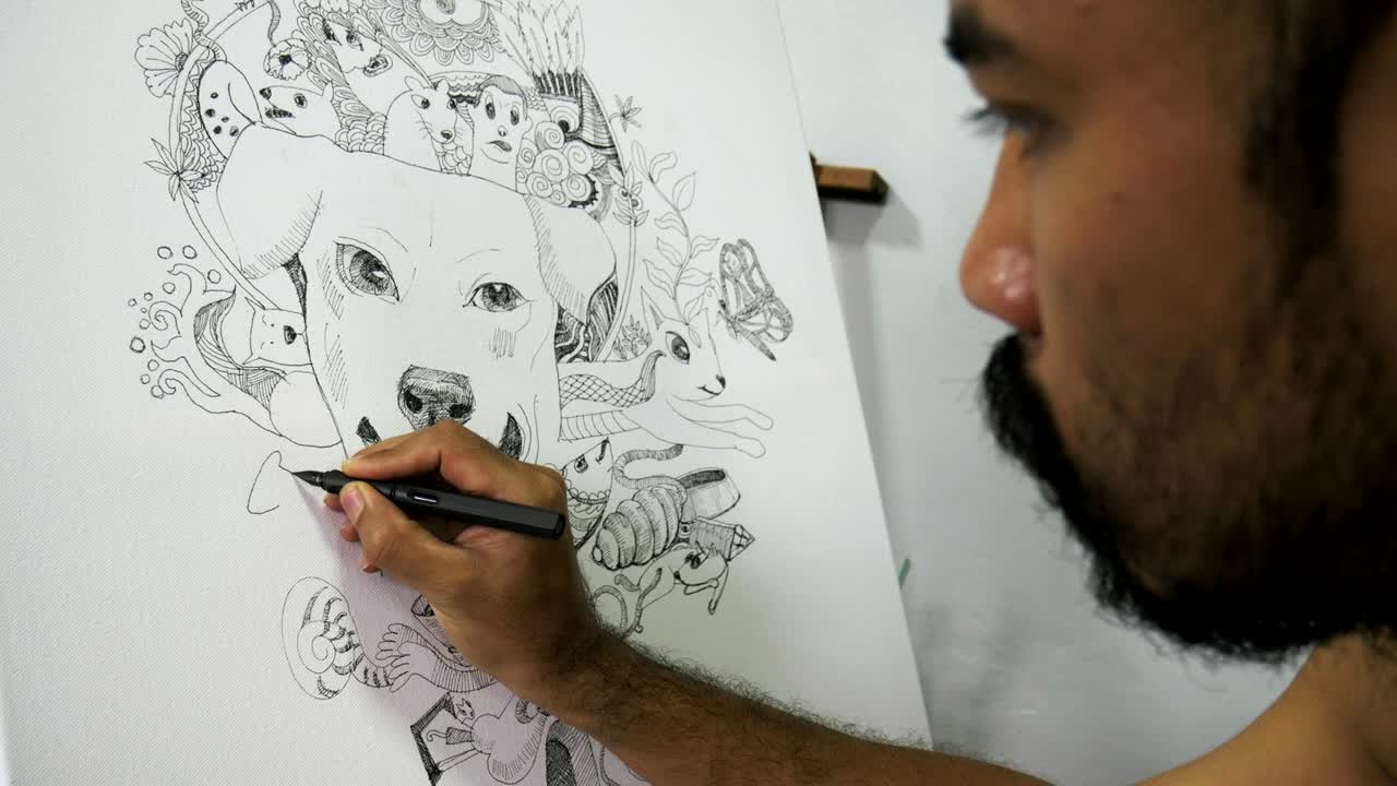 Freehand drawing of animal and doodle on white canvas.