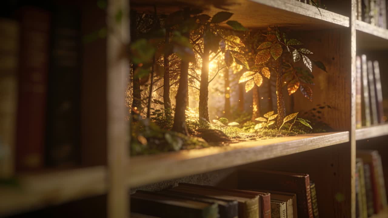 Strålende lysstråler trænger ind i trækasse, der belyser skovdiorama og viser bladdetaljer, mens støv skinner.