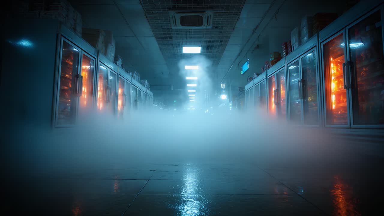 Eerie Atmosphere in a Chilling Corridor: An Intriguing Visual of Fog and Dim Lighting in a Refrigerated Space Capturing an Unsettling Yet Fascinating Ambiance