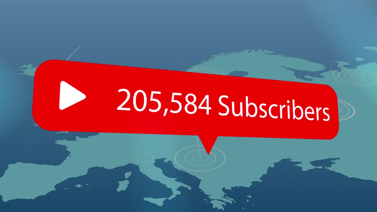 세계 지도 위의 박동하는 원에 대항하여 가입자를 증가시키는 플레이 아이콘과 함께 음성 거품