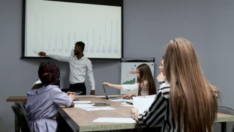 african american coach gives corporate presentation for businesspeople in office, dark skinned businessman presents new business plan on whiteboard, speaking to clients listening speaker at meeting