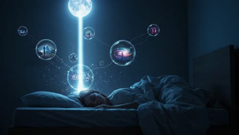 a dreamer in slumber: exploring the mystical connection between dreams and reality through ethereal light beams and glowing visions in sleep
