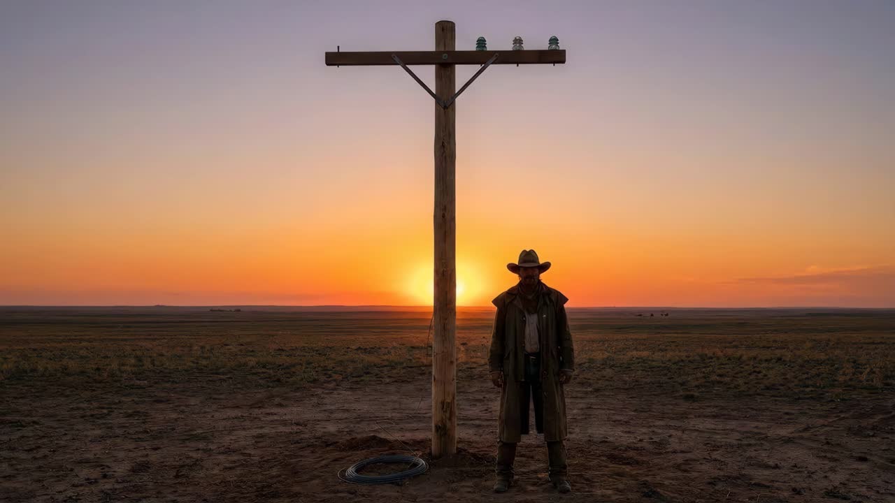 Cowboy nel deserto al tramonto