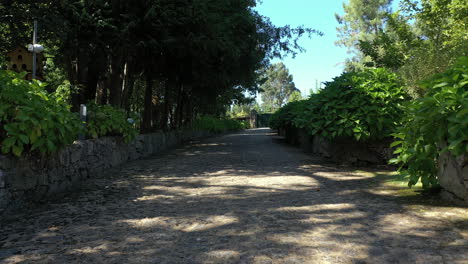 Long-entrance-of-rural-tourism-guest-house-in-Portugal---Push-IN-low-angle-Aerial-shot