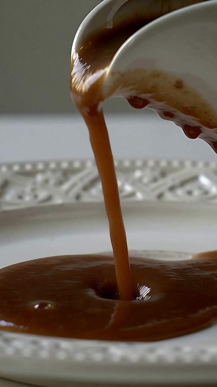 Video verticale: Inclinazione di una brocca in ceramica bianca che versa salsa al caramello su un piatto su un tavolo, impiattamento