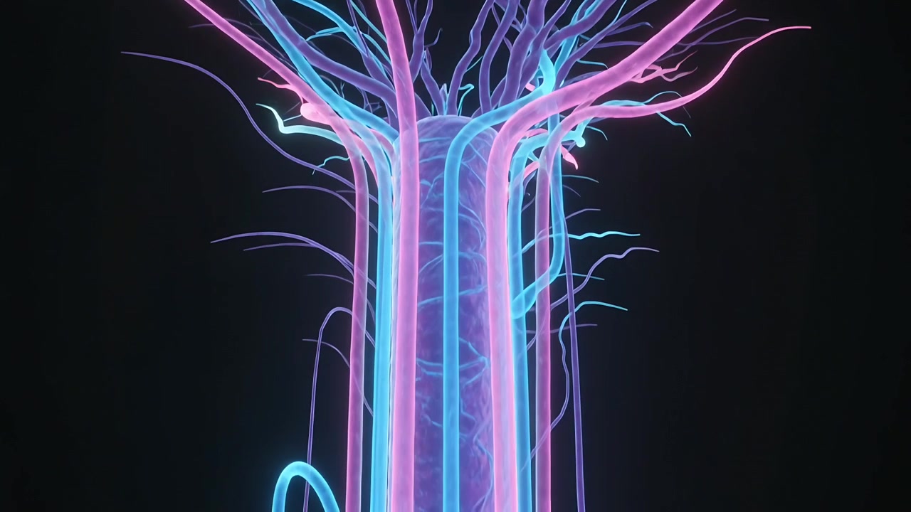Advancing frames animating neon trunk revealing tendrils to show form in black void, with cyan loop