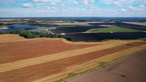 panoramic view over solar energy farm producing clean