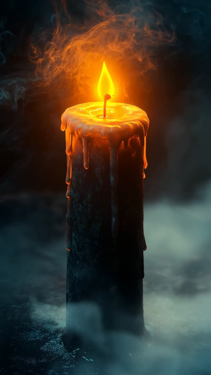 Candle flame glowing in a dark setting. A flickering candle illuminates a dim space, with wax dripping and smoke rising, creating a mysterious atmosphere.