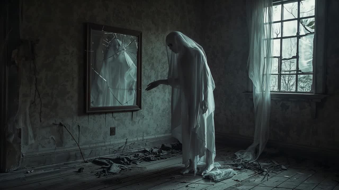 Appearing ghostly figure drifting toward cracked mirror in derelict house, examining reflection