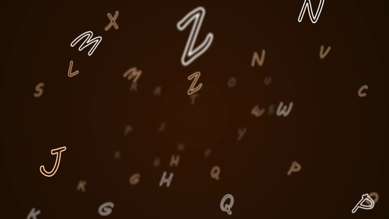 animación digital de múltiples alfabetos flotando y moviéndose contra un fondo negro