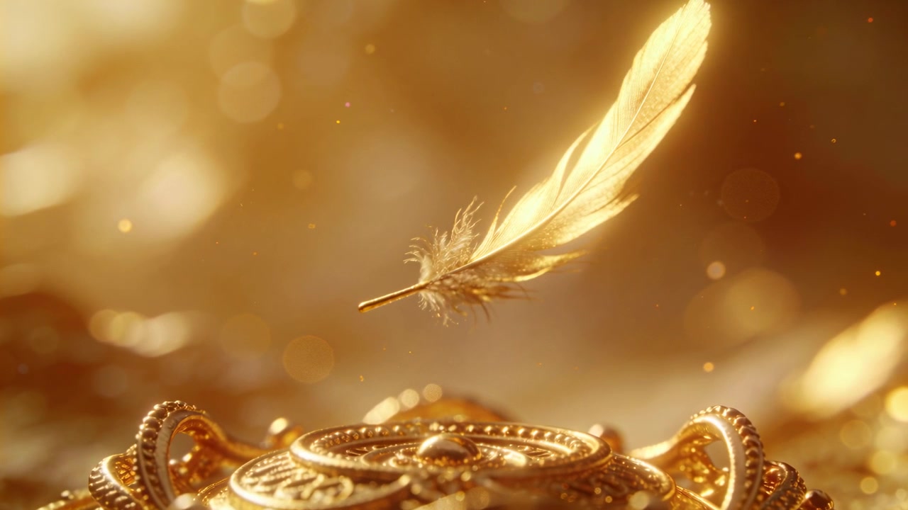 Piuma d'oro che fluttua e si inclina verso il basso su un medaglione ornato in primo piano, mossa da una leggera brezza con glitter.