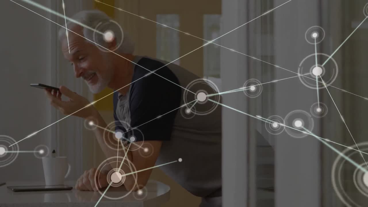 Web of connections against senior man talking on smartphone