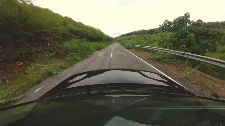Guidare un'auto sulle strade tortuose coperte di foresta di Gwalior, Madhya Pradesh.