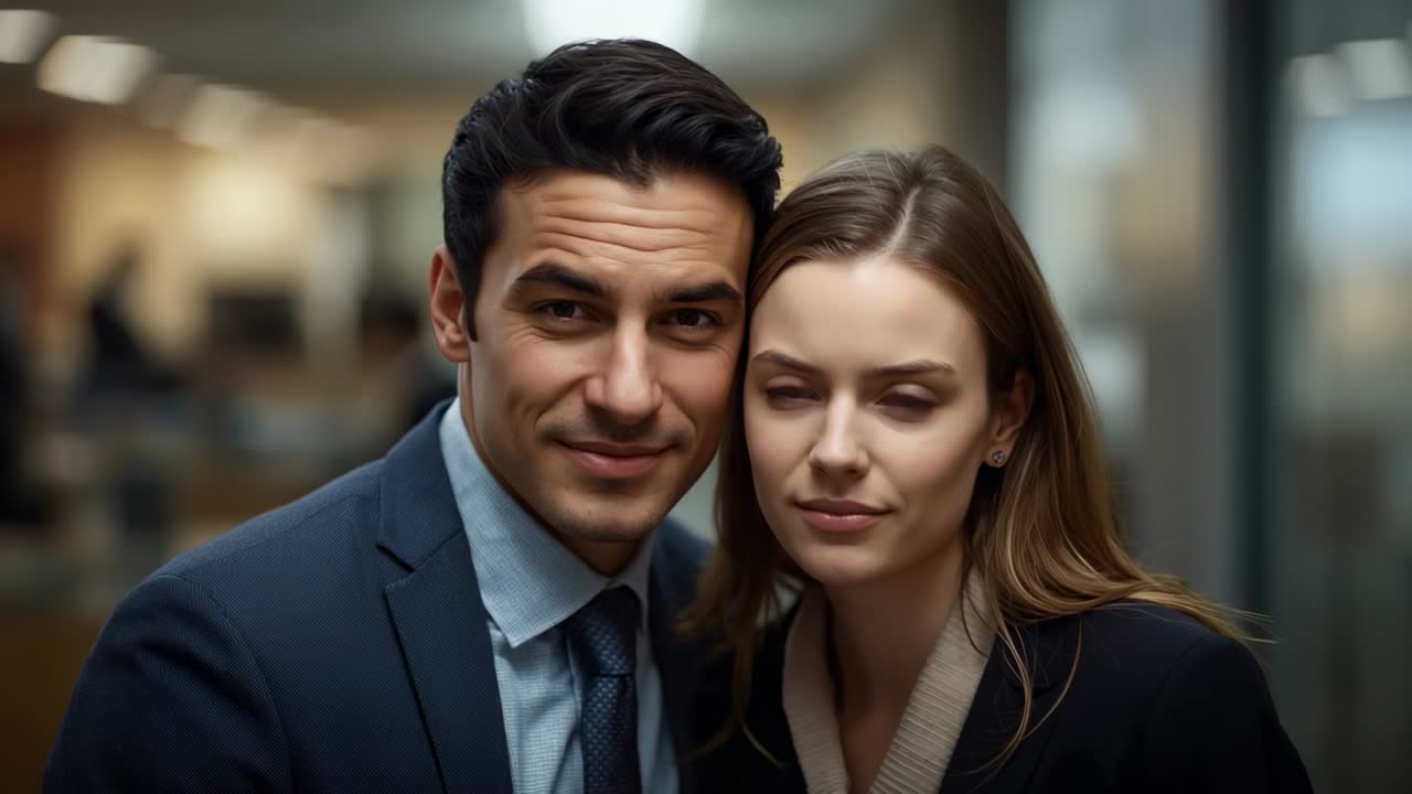 Starting recording couple standing close in office corridor, sharing growing affection