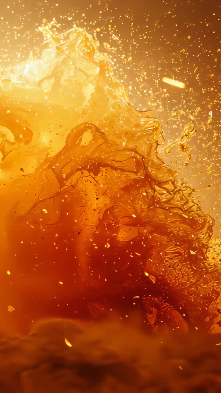 Video verticale: Reazione all'impulso, liquido ambrato che si increspa in macro, espellendo gocce, scintille