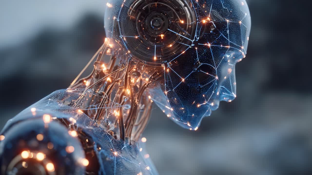Uno Sguardo al Futuro: Un Primo Piano Mozzafiato di una Sofisticata Testa Robotica che Mostra Reti Neurali Hi-Tech e Componenti Illuminati, Sottolineando la Fusione tra Arte e Tecnologia.