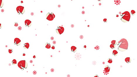 múltiples sombreros de santa y copos de nieve rojos cayendo contra un fondo blanco