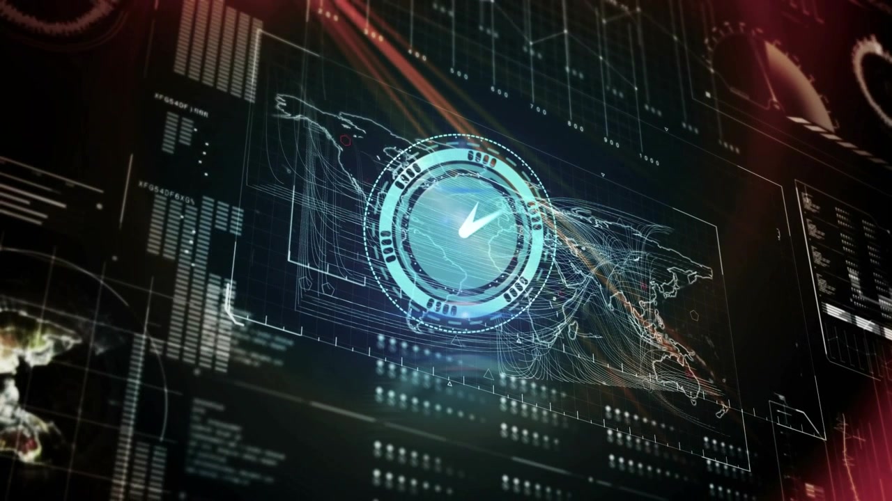 Animation of data processing and clock over world map