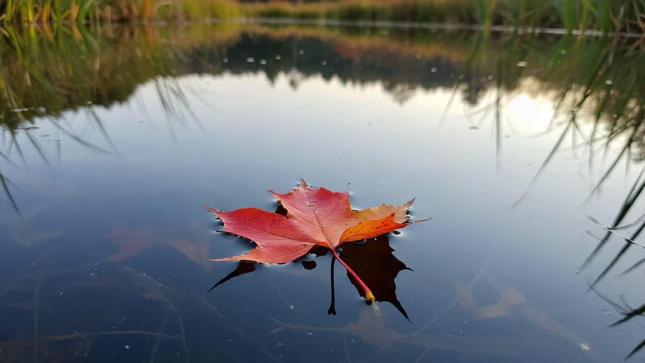A Vivid Red Maple Leaf Floats Serenely on a Calm Water Surface, Reflecting the Tranquil Surroundings of Nature's Beauty in Golden Hour