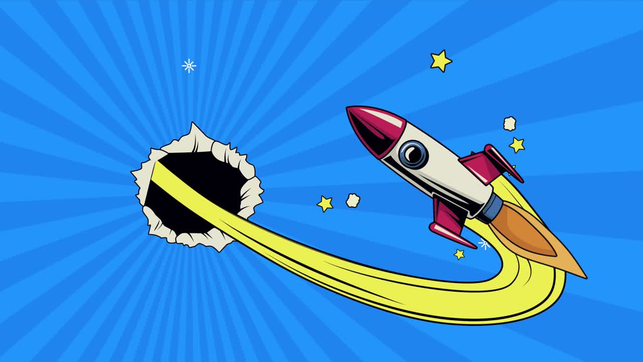 animación de estilo pop art con cohete y agujero