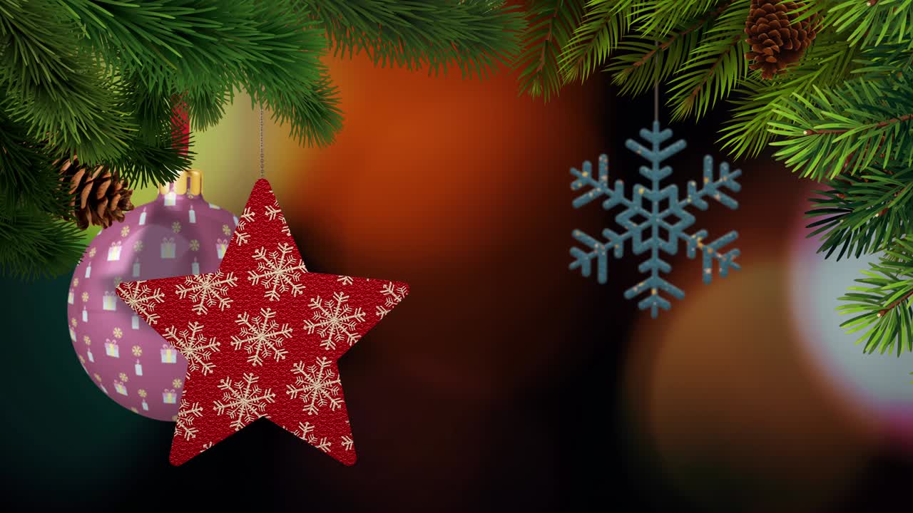 los adornos de navidad y los pinos se balancean en un fondo bokeh en bucle