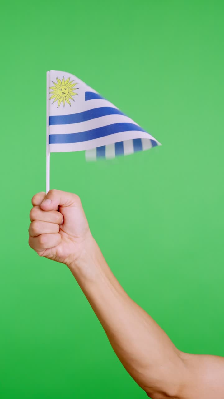 Hand lifting a uruguayan pennant while waving by the wind