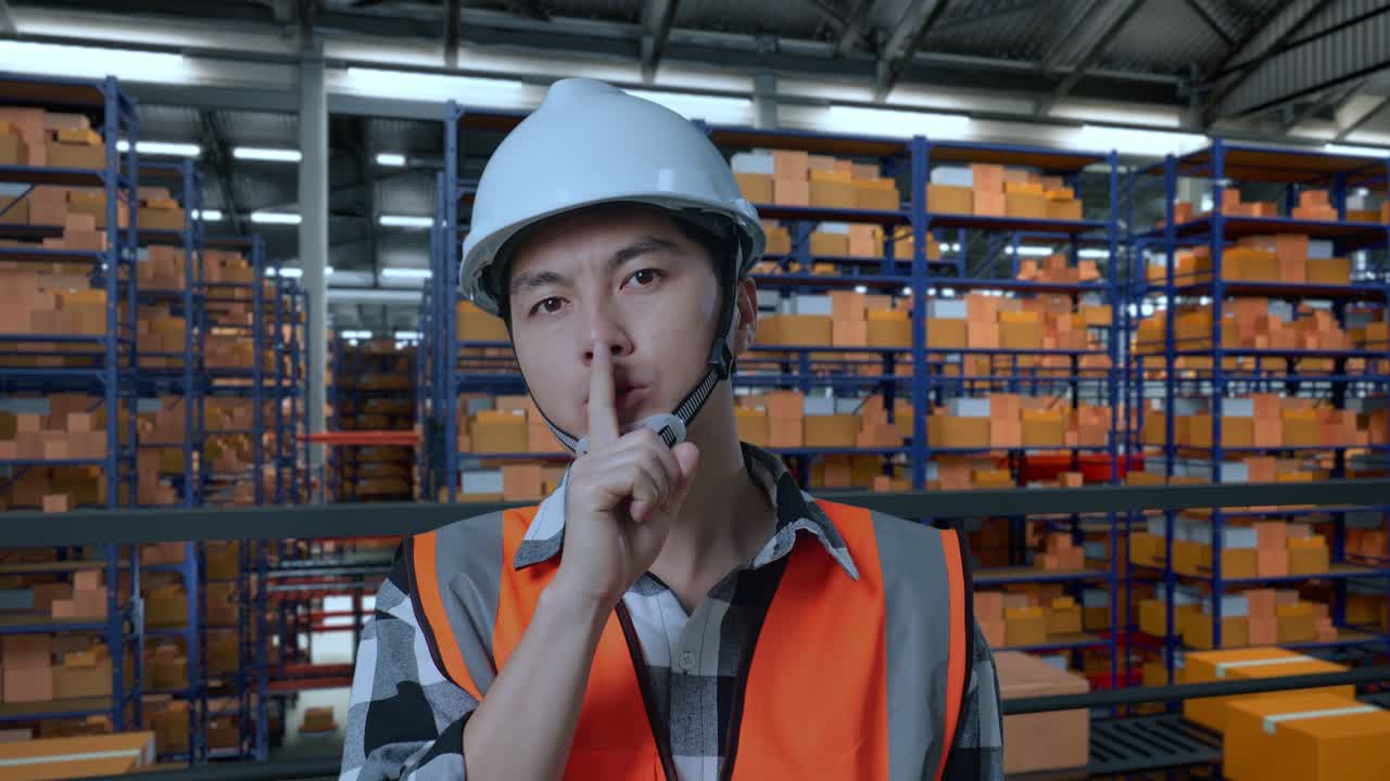 배달 상품으로 가득 찬 선반과 함께 창고에 서있는 동안 안전 헬을 착용한 아시아 남성 엔지니어의 클로즈업