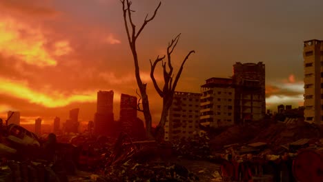 deserted demolished city buildings, after war, sunset time