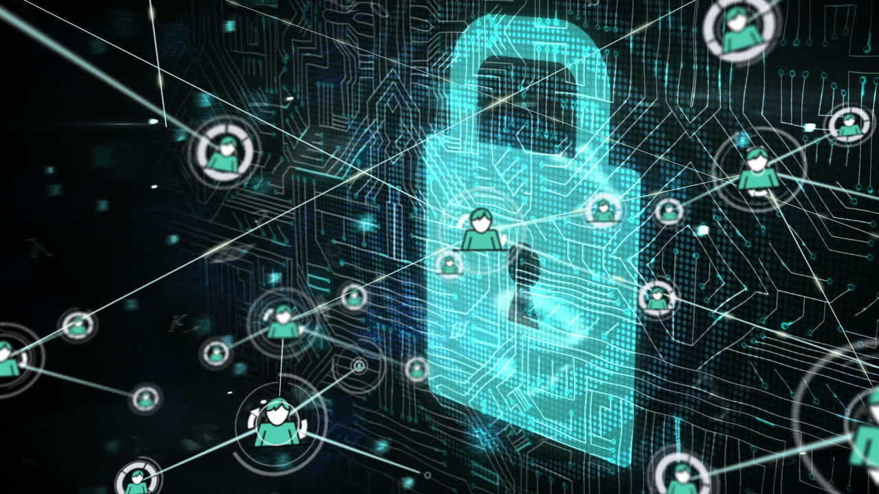 animación de la red de conexiones y el icono del candado sobre fondo negro