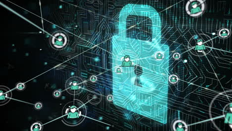 animation of network of connections and padlock icon over black background