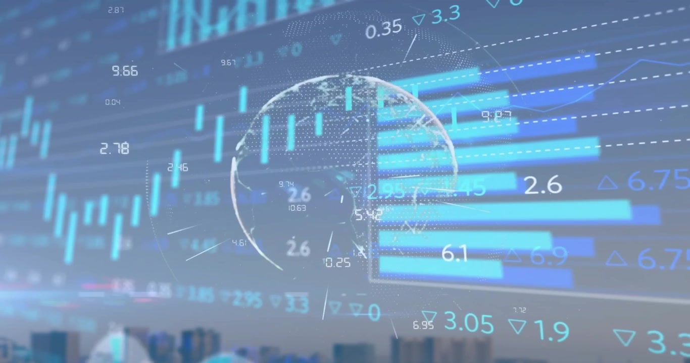 Animation of stock market and diagrams over globe and cityscape