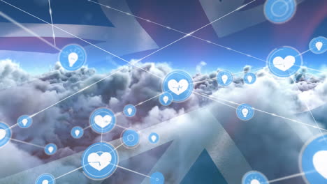 animation of network of connections with icons over flag of great britain and clouds