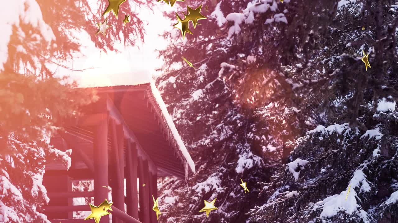 Snow-covered evergreens backlit by sun receiving rotating golden stars drifting down past red cabin