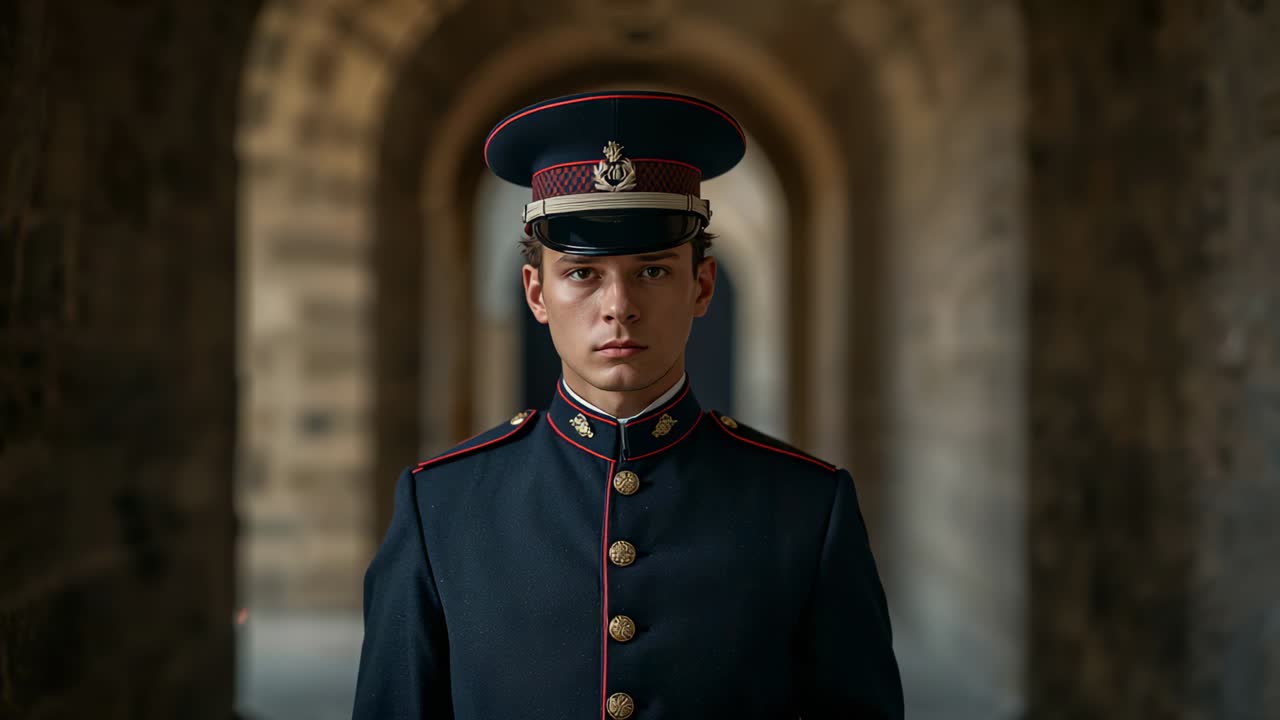 Standing guard in uniform holding still in hall while camera recording, cap insignia, brass buttons