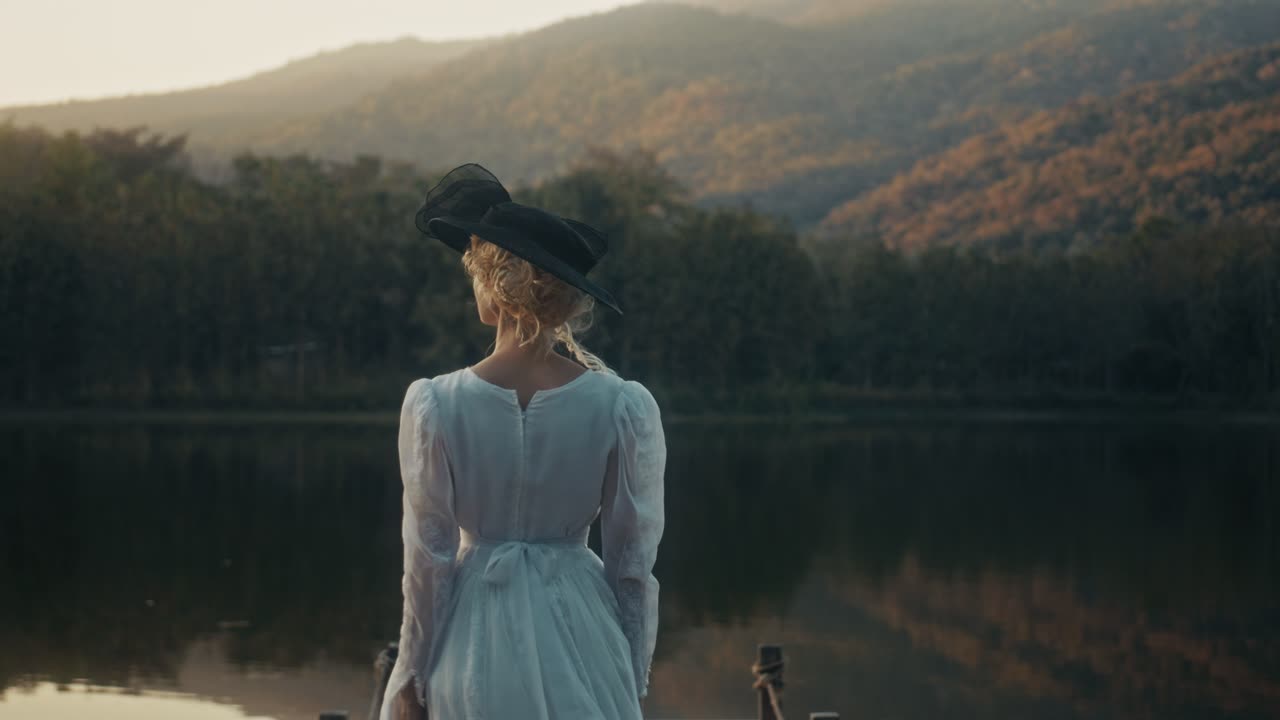 Elegant Woman in White Dress and Hat Standing on Pier by Lake at Sunset